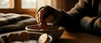 Hands of potter shaping clay on spinning wheel in warm sunlit workshop. Traditional craftsmanship and artisan pottery making process in cozy studio setting.