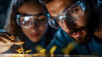 Scientists in protective eyewear examining microscope slide in dark laboratory setting with dramatic lighting, focused on detailed research analysis.
