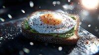 Sunny side up egg on dark bread toast with mashed avocado and spices, dramatic lighting and water drops creating atmospheric breakfast scene.