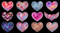 Watercolor heart clipart set with 12 decorative designs, isolated on transparent background, ready for Valentine's Day cards, stickers, t-shirt design, and print on demand.
