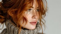 Young redhead woman with freckles and tousled hair wearing cozy knit sweater, natural beauty portrait with soft lighting for lifestyle and fashion content.