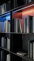Modern shelving unit with organized books and neon accent lighting in blue and orange tones, contemporary interior design for home decor and architecture projects.