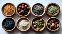 Assortment of organic seeds, nuts, and grains in wooden bowls on light background, showcasing natural food ingredients for healthy cooking and baking.