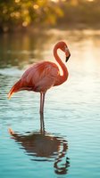 Pink flamingo wading in shallow water with golden bokeh foliage background, suitable for nature and wildlife editorial use.