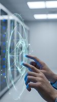 Person with medium skin tone interacting with holographic digital interface displaying geometric wireframe patterns and data visualization in modern laboratory or tech facility environment.