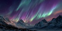 Spectacular aurora borealis dancing over snow-capped mountain peaks at night, vibrant green and purple lights illuminating dark winter landscape.