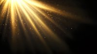 Golden light rays pierce through darkness with sparkling particles floating in beams, creating dramatic atmospheric effect against black background.