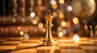 Golden chess king piece standing on wooden chessboard with warm bokeh lights and books in background creating strategic business leadership concept.