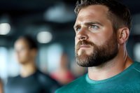 Confident Caucasian male athlete with full beard wearing green t-shirt looking ahead with determination in modern fitness facility. Blurred background creates depth.