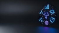 Digital innovation concept with glowing blue technology icons including lightbulb, gears, charts and network symbols on dark background for business presentations.