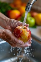 Fresh red apple being washed under running tap water in kitchen sink, with water drops splashing and fresh fruits in background, food preparation concept.