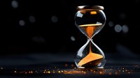 Glowing hourglass with golden sand against dark background with bokeh lights, measuring passing time and creating magical atmosphere.