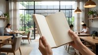 Two hands holding open blank notebook in modern office workspace with employees working at desks, natural light from large windows, wooden furniture and plants for business planning and note-taking.