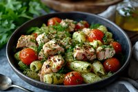 Fresh pasta salad with grilled chicken pieces, cherry tomatoes, green olives, and herbs in pesto sauce served in rustic black pan. Mediterranean cuisine.