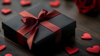 Elegant black gift box with burgundy satin ribbon surrounded by red heart confetti on wooden surface for romantic occasions and special celebrations.