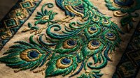 Intricate peacock feather embroidery with golden threads on luxury fabric showcasing traditional craftsmanship and ornate decorative patterns.