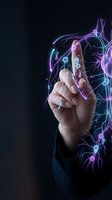 Hand touching futuristic holographic interface with glowing neural network connections and digital data visualization on dark background for tech concepts.