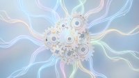 Abstract mechanical cell with colorful energy streams radiating outward on soft gradient background for digital art and futuristic design projects.