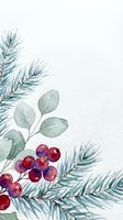 Watercolor winter botanical frame with pine branches, eucalyptus leaves and red berries on white background for holiday greeting cards and festive designs.
