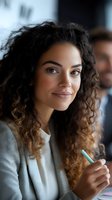 Young mixed-race businesswoman with curly hair smiling confidently during office meeting, holding pen while participating in corporate discussion.