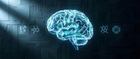 Digital brain with glowing neural networks and circuit patterns on dark tech background for artificial intelligence and machine learning concepts.