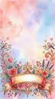 Watercolor illustration with ornate floral frame featuring roses, decorative scrollwork, hearts, stars, and birds on soft pastel gradient background with blank banner for text overlay, suitable for greeting cards, invitations, and design projects.