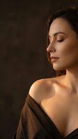 Serene young woman with closed eyes in warm golden light creating peaceful meditation moment with soft shadows and natural beauty skincare concept.