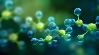 Glowing molecular structure with blue spheres and green energy centers on dark background, scientific concept visualization for chemistry and biology research.