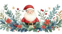 Cheerful Santa Claus character surrounded by winter foliage arrangement with red poinsettias, berries, golden stars and decorative leaves in watercolor style.