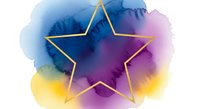 Golden star outline on vibrant watercolor splash background with blue purple yellow hues for creative design projects and artistic compositions.