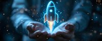 Glowing blue rocket hologram floating above open hands against dark background with magical sparkles and cosmic atmosphere for business startup concept.