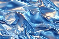 Flowing blue metallic fabric with holographic iridescent surface creating luxurious waves and folds for modern design backgrounds and textile concepts.