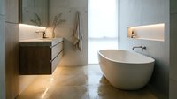Minimalist bathroom interior with freestanding oval bathtub, dark wood vanity, and warm ambient lighting. Suitable for home decor, interior design, and real estate marketing.