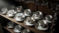 Vintage floral porcelain tea cups and saucers displayed on wooden shelves in antique cabinet. Classic white china with delicate flower patterns for elegant dining.