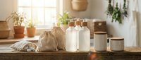Eco-friendly zero waste bathroom essentials with reusable containers, natural soap dispensers and sustainable toiletries on wooden counter in bright home.