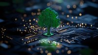 Green glowing tree growing from circuit board with bokeh lights, representing sustainable technology, artificial intelligence and environmental computing.