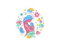Colorful abstract composition with organic shapes, hearts and decorative elements in pastel colors for modern design projects and creative layouts.