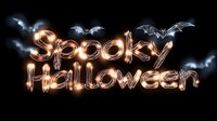 Spooky Halloween glowing text with flying bats on dark background for seasonal party invitations and horror themed designs.