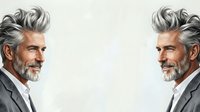 Mature man with gray hair and beard wearing business suit, shown in profile view from both sides on white background.