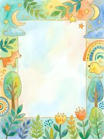 Whimsical nature-themed frame with watercolor stars, moons, clouds, trees, flowers, and leaves surrounding blank center space. Suitable for children's designs, invitations, and greeting cards.