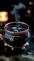 Mystical cauldron with purple potion and floating green ingredients emits ethereal smoke against dark background, ornate metal details and glowing candlelight create magical mood.