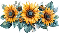Vibrant watercolor sunflowers with teal leaves, arranged in decorative bouquet composition on white background, suitable for greeting cards and floral designs.