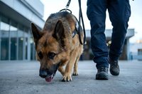 Police dog German Shepherd with handler walking on urban street during patrol duty. Professional K9 unit training and law enforcement security work.
