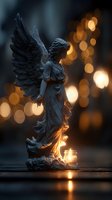 Stone angel statue with wings illuminated by warm candlelight and golden bokeh lights creating peaceful memorial atmosphere for spiritual designs.