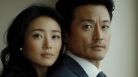 Asian couple in formal attire posing for elegant portrait against neutral background. Professional business or wedding concept with dramatic lighting and sophisticated styling.