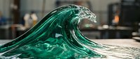 Teal glass ocean wave sculpture with smooth curves and translucent texture, crafted in a studio, capturing the motion of the sea in art.