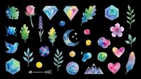 Watercolor sticker set with flowers, leaves, gems, moon, bird, hearts, feather and mountains, isolated on transparent background, ready for clipart and stickers.