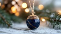 Elegant dark blue Christmas ornament with golden filigree detail on snowy pine branches against soft bokeh lights background, festive winter holiday decor.