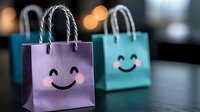 Happy shopping bags with smiling faces in purple and turquoise colors on dark background with soft bokeh lights, representing retail therapy and positive shopping experience.