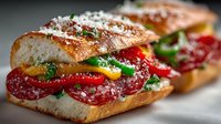 Italian submarine sandwich with salami, peppers, cheese and herbs on crusty bread, perfect for restaurant menus and food advertising campaigns.